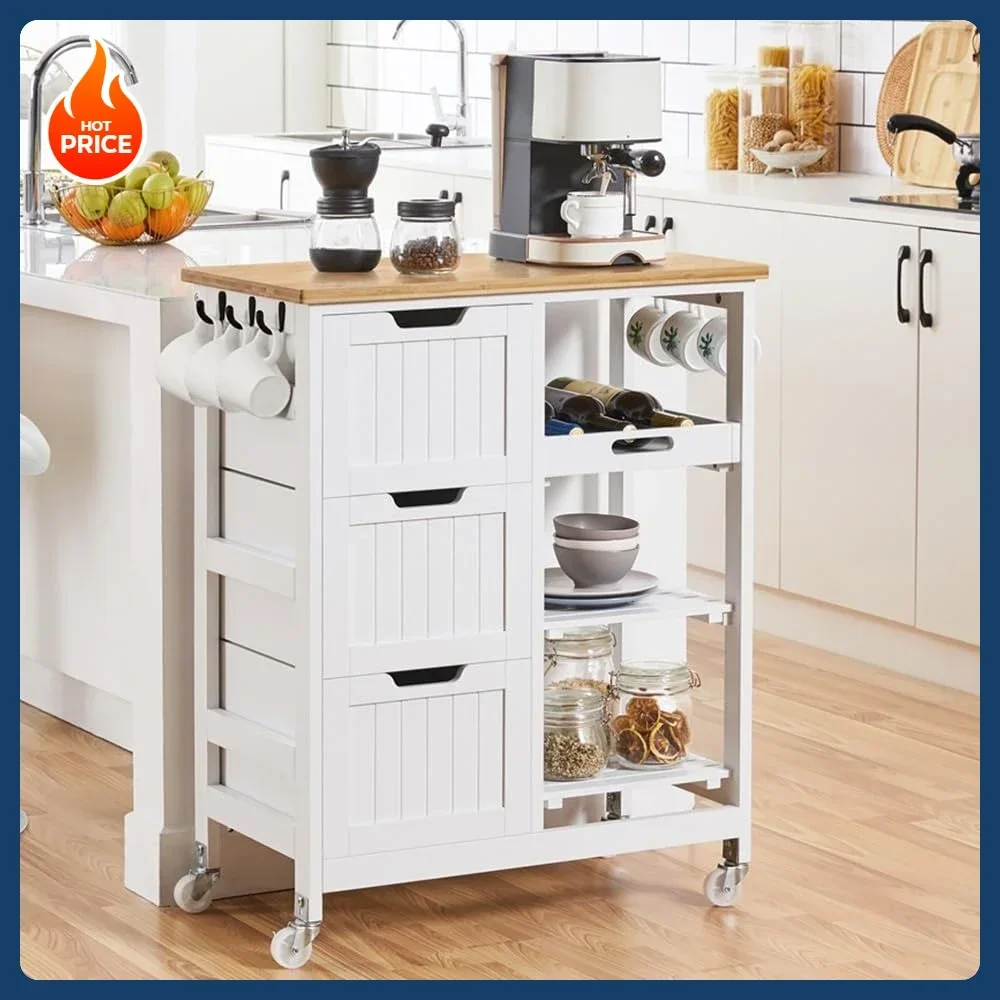 

Горячие продажи! [Бестселлер!] Кухонная тележка-остров на колесиках с бамбуковой столешницей, передвижная сервировочная тележка-столик