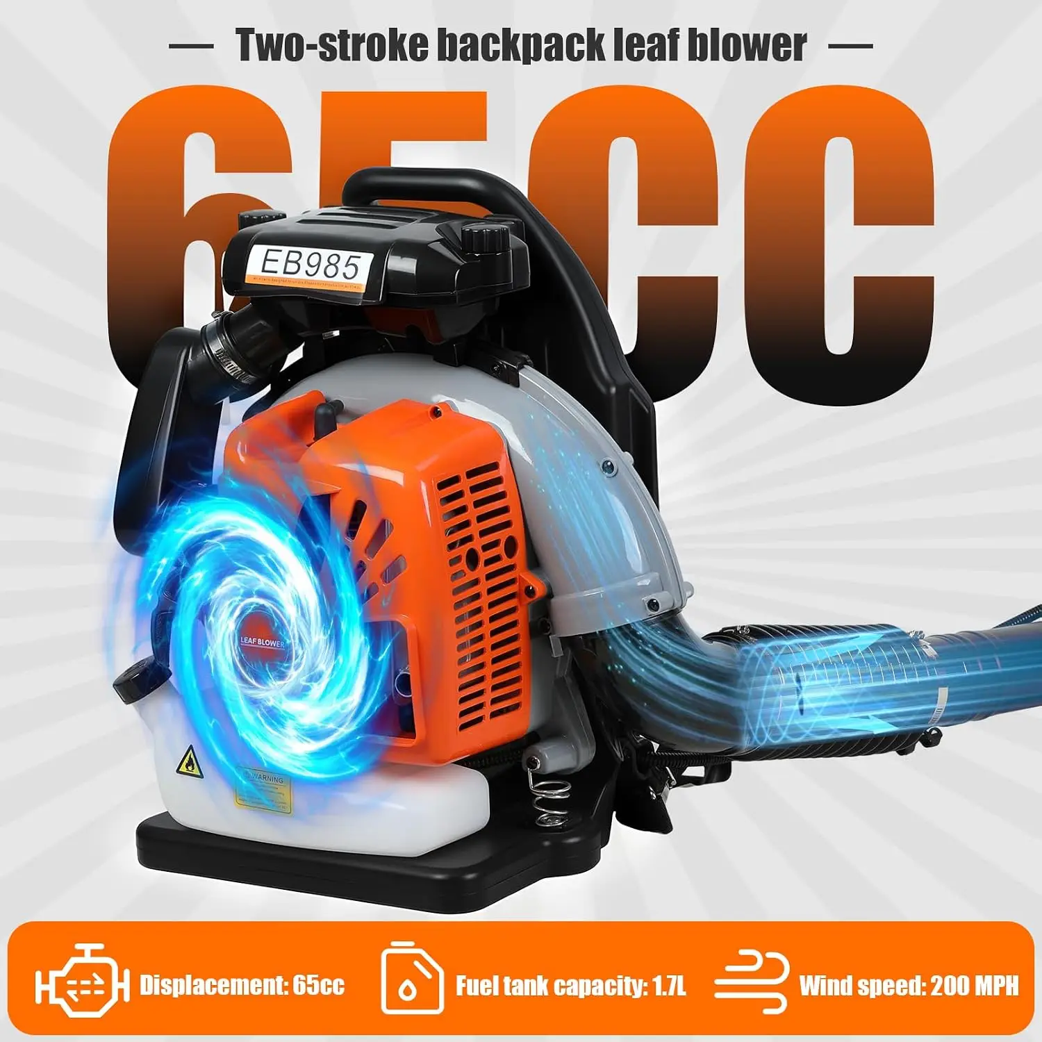 Leaf Blower, 65cc Backpack Leaf Blower Gas Powered 200MPH 700CFM 2-Stroke Handheld Blower with 1.7L Tank Lightweight Metal & Pla