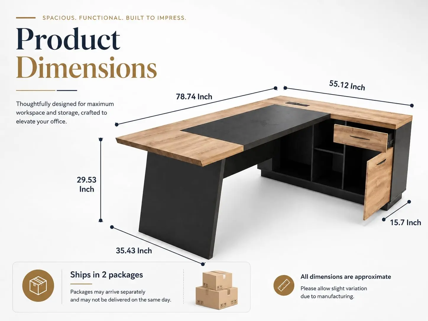 L-Shape Executive Desk with Drawers & Storage Shelves, 78.74 Inch Wood Computer Desk for Home Office, Right, Customized