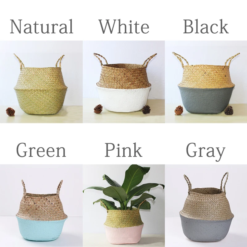 Handmade Storage Baskets Foldable Clthoes Laundry Straw Patchwork Wicker Rattan Seagrass Belly Garden Flower Pot Plante Baskets