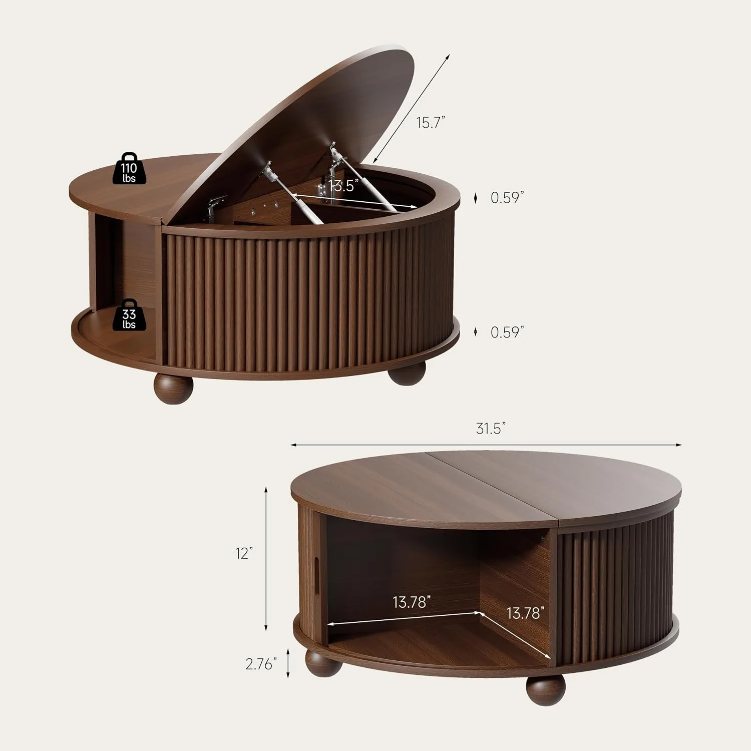 Fluted Round Coffee Tables,31.5