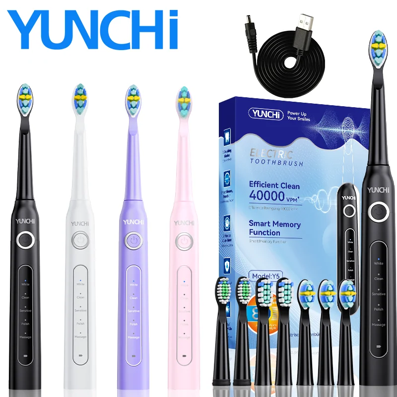 

YUNCHI электрическая зубная щетка ультразвуковая электрическая зубная щетка для взрослых 5 режимов чистки 2 минуты интеллектуальная быстрая зарядка через USB с таймером