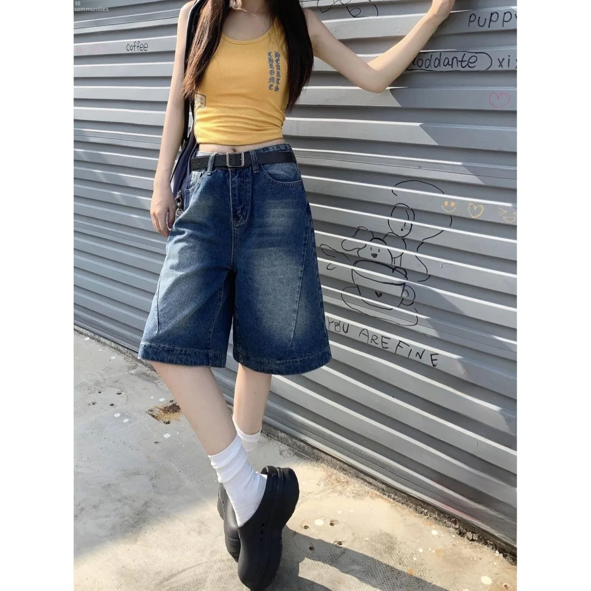 

Ретро джинсовые шорты с прямыми штанинами для женщин, тонкие, осенние, новые, американские, свободные, средней длины, с завышенной талией