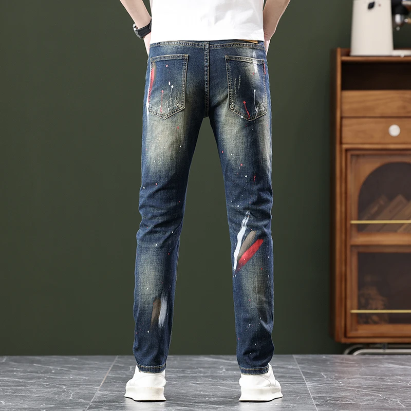 Jeans for men spray painted embroidery ripped patches patchwork slim fit and small leg pants denim mens jeans streetwear