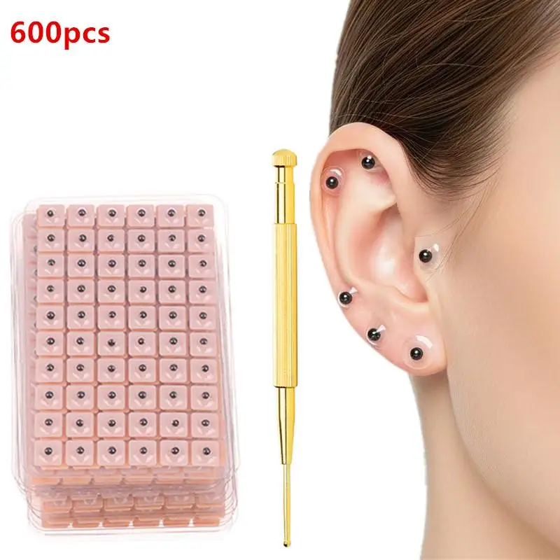 Magnetic Red Bianstone Ear Acupressure Patches 600Pcs Non-Invasive Acupuncture Massage Sticker Kit for Home Self Care