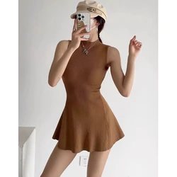 French Sexy Waisted A-line Dress Women Trend Sleeveless Knit Dress Female Gentle Black White Mini Dress
