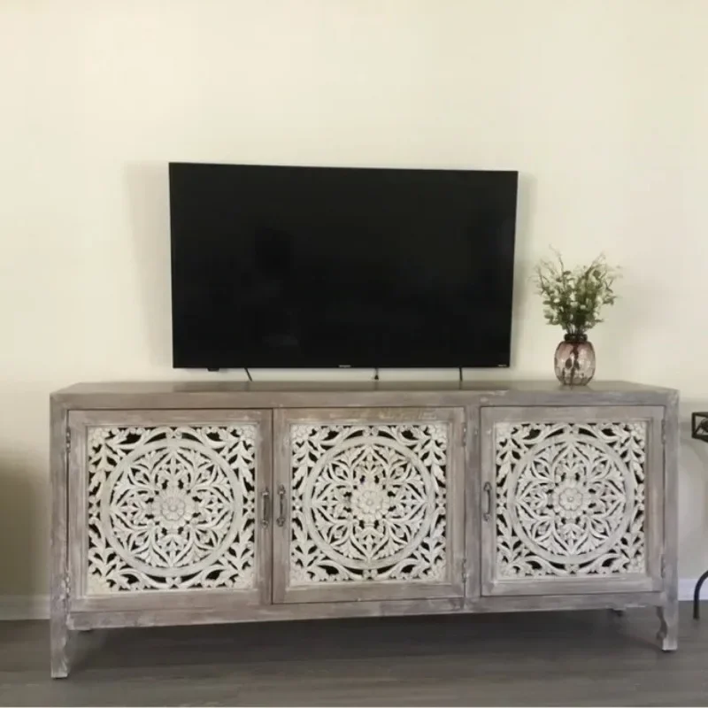 Living room furniture carved natural wood grain closed cabinet entrance decoration solid wood TV cabinet dining side