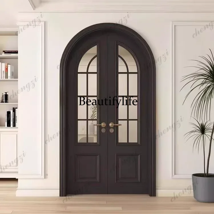 K153   Customization French Solid Wood Baking Paint Double Opening Glass Door, Original Wooden Door, Entrance Door, Indoor Door
