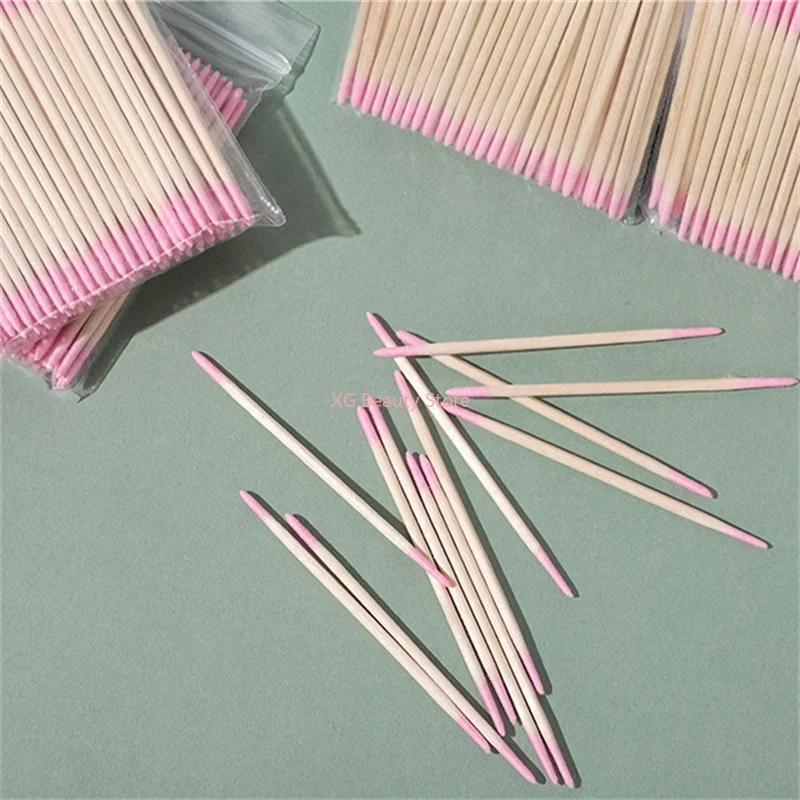 100/200/500PCS Pink Double Head Nails Wood Cotton Swab Clean Sticks Bud Tip Manicure Detail Corrector Nail Polish Remover Tool