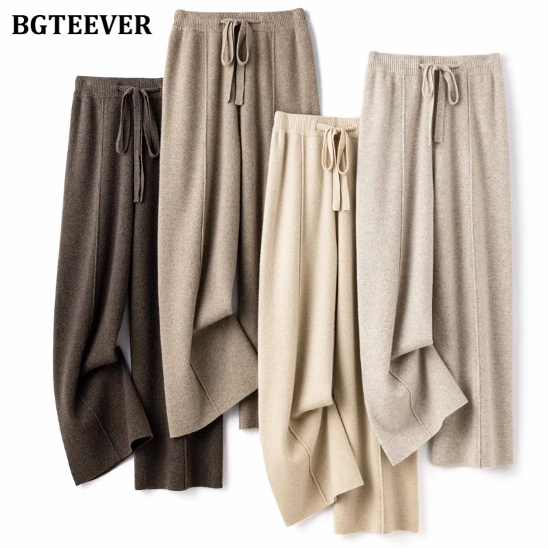 

BGTEEVER Chic Casual Elastic Waist Lace-up Women Knitted Wide Leg Trousers Autumn Winter Stylish Loose Female Straight Pants