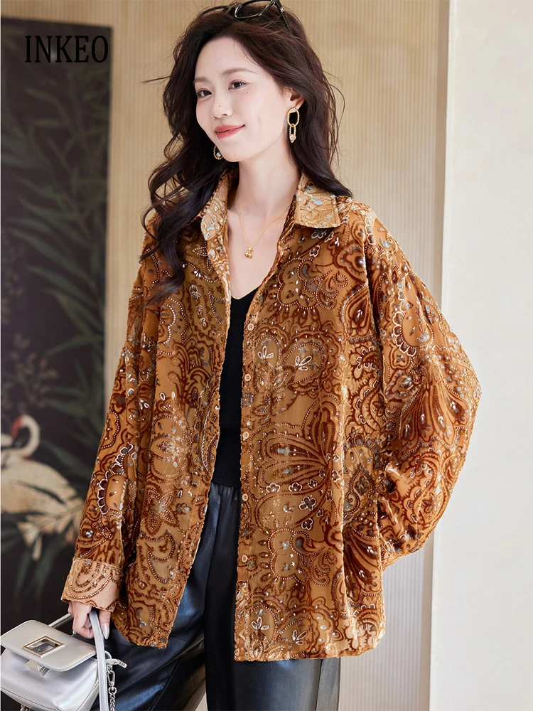 

Vintage Luxury Flocking shirt for women 2026 Spring summer Loose Lantern sleeve blouse See-through tops Elegant INKEO 5T102