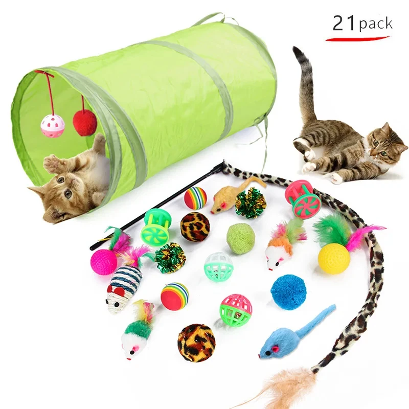 21Pcs Kitten Toys Variety Pack Interactive Cat Toys Set with Foldable Tunnel Teaser Wand Sisal Mouse Bell Ball