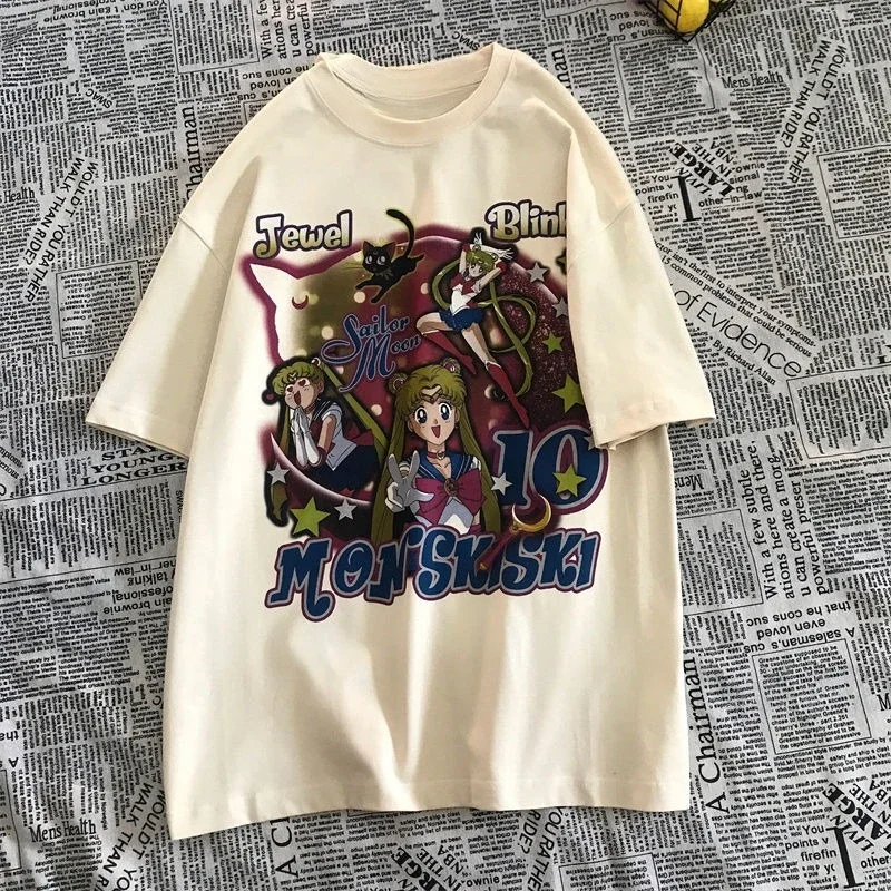 بحار القمر الأمريكية الرجعية طباعة القطن قصير الأكمام تي شيرت المرأة Ins المد الصيف فضفاضة ومتعددة الاستخدامات نصف كم المتخصصة