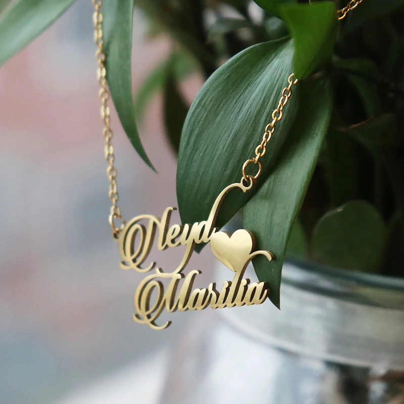 Personalized Two Name Necklaces With Heart Stainless Steel Custom Letter Couple Necklace Choker Stainless Steel Wedding Gift
