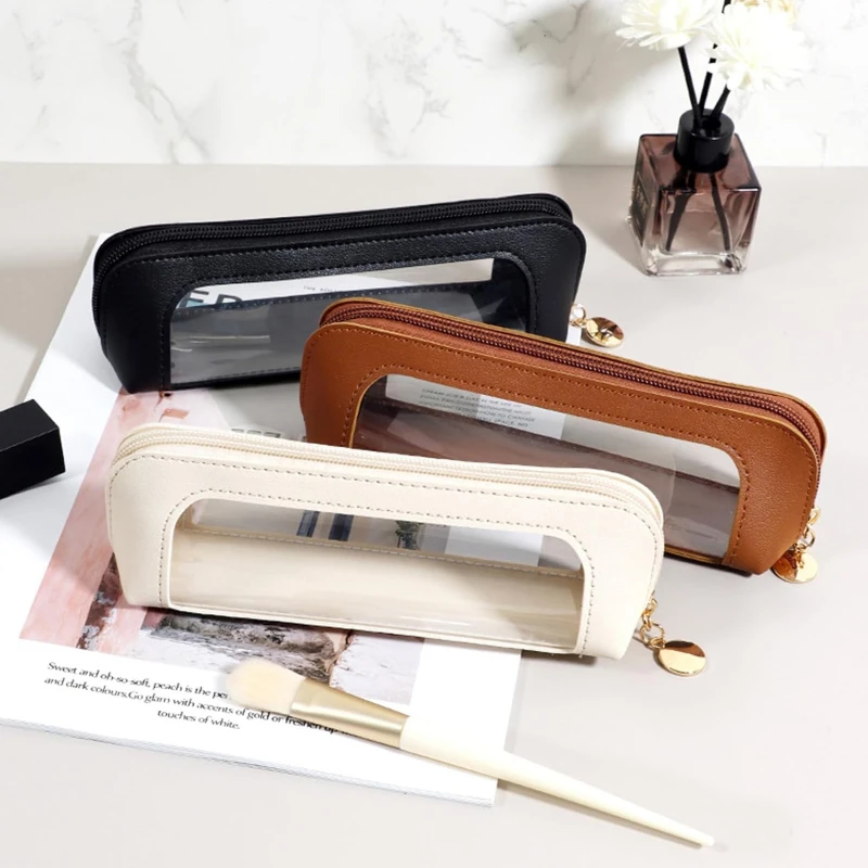 Fashion Zipper Pen Case Business Office PU Leather Cute Pen Bag Student School Mlti function Storage Bag Travel Cosmetic Bags