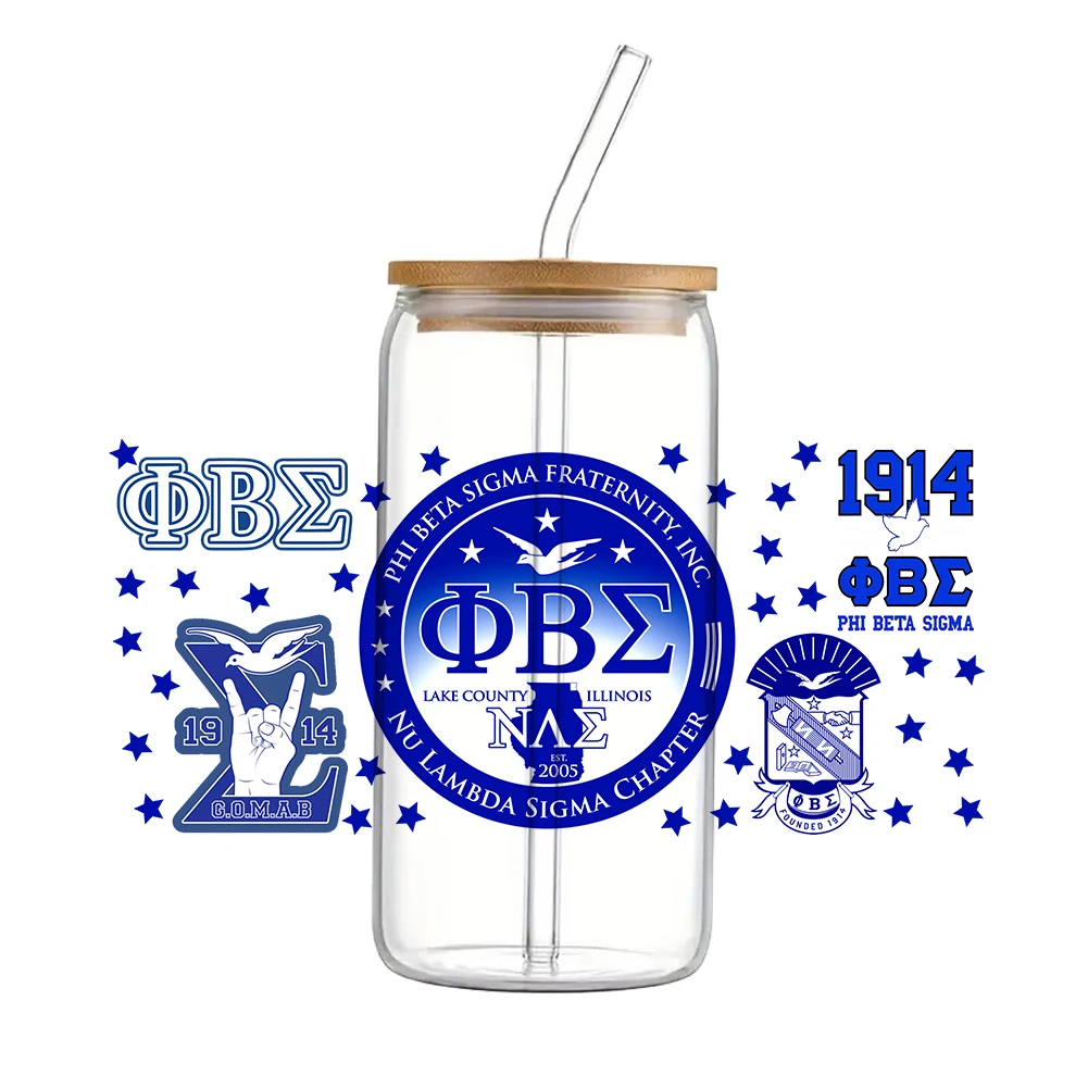 Phi beta sigma fraternidade uv dtf transferência adesivo à prova dwaterproof água transferências decalques para 16oz copo de vidro envoltório adesivos