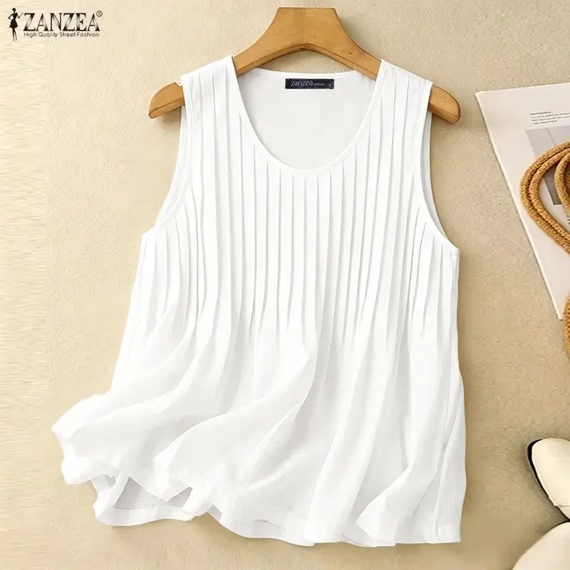 ZANZEA Woman Summer Pintuck Tank Top Plus Size Casual Loose Solid A-Line Sleeveless Blouse Holiday Beach Round Neck Tops 5XL