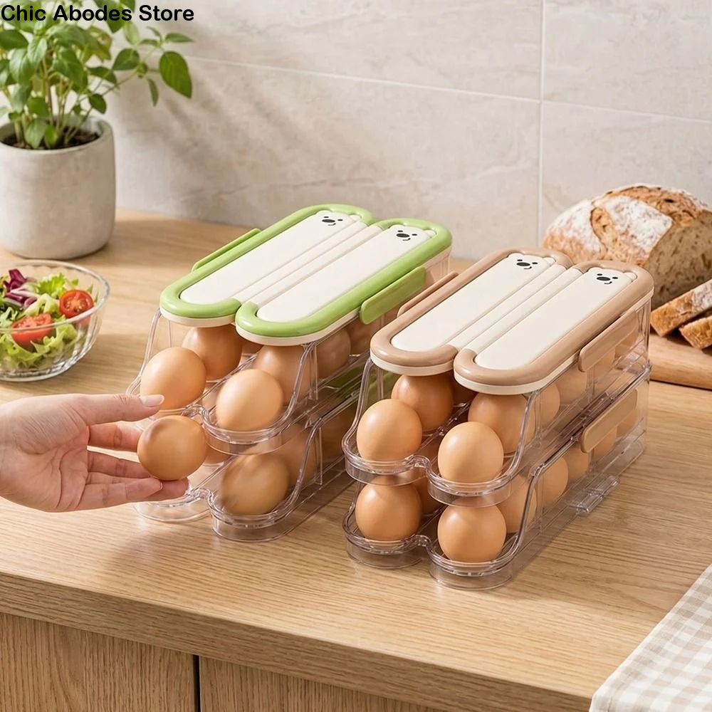 Food Grade Automatic Rolling Egg Container Large Capacity Transparent Egg Storage Box with Lid Stackable Egg Organizer