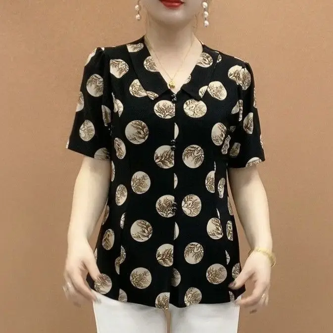 Collar Summer Versatile New Style Middle Aged and Elderly Polka Dot Short Sleeved T-shirt in Large Size