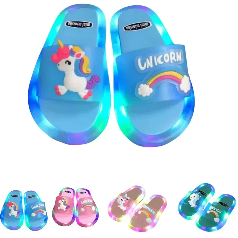 Children‘s Boys Girls Slippers Cartoon Unicorn Animals Prints Shoes Lighted Fashion Cute Shoes Bathroom Kids Toddler Slippers