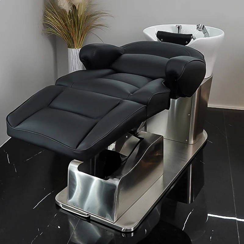 Electric semi lying shampoo bed, barber shop, deep ceramic basin, stainless steel flushing bed