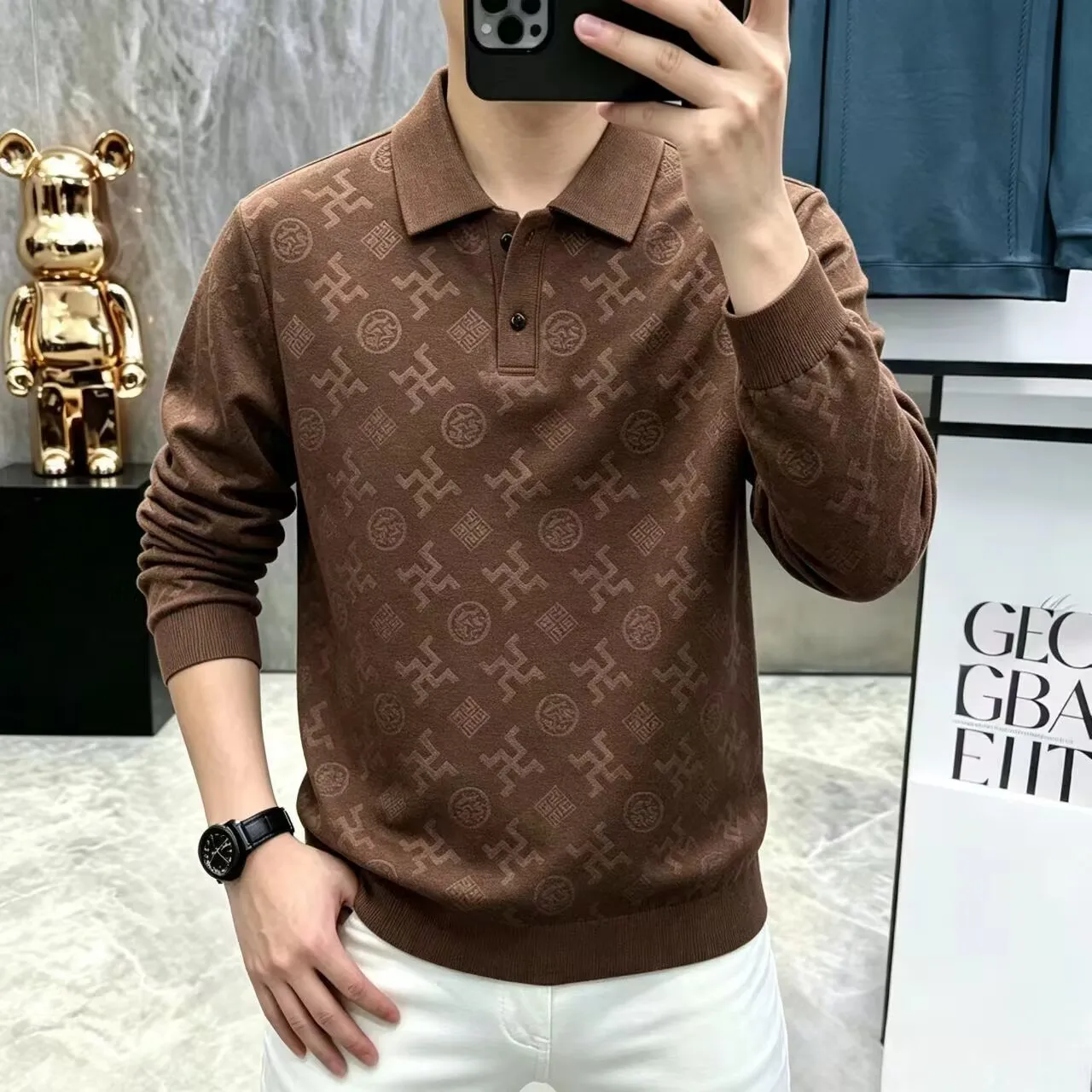 Men Polo Shirt Long Sleeve All Over Print Lapel Collar Slim Fit Business Casual Men Knitted Top Autumn Winter