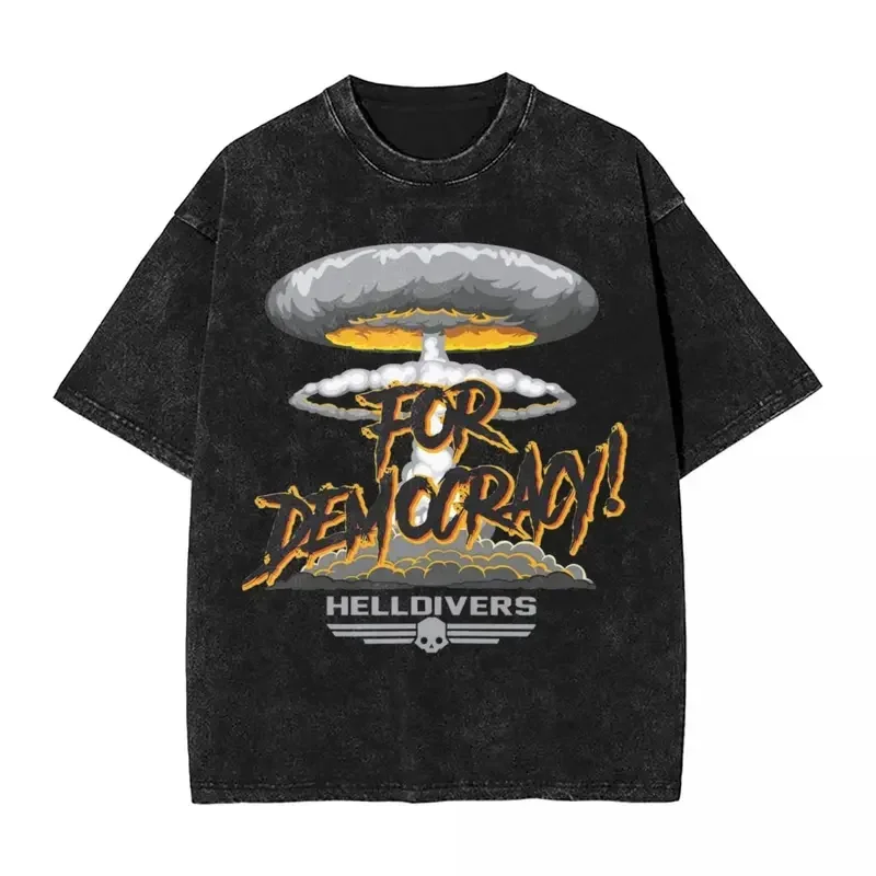 Helldivers For Democracy T Shirt Hip Hop Washed Harajuku  Novelty for Men Women Tops Streetwear Summer Tee 