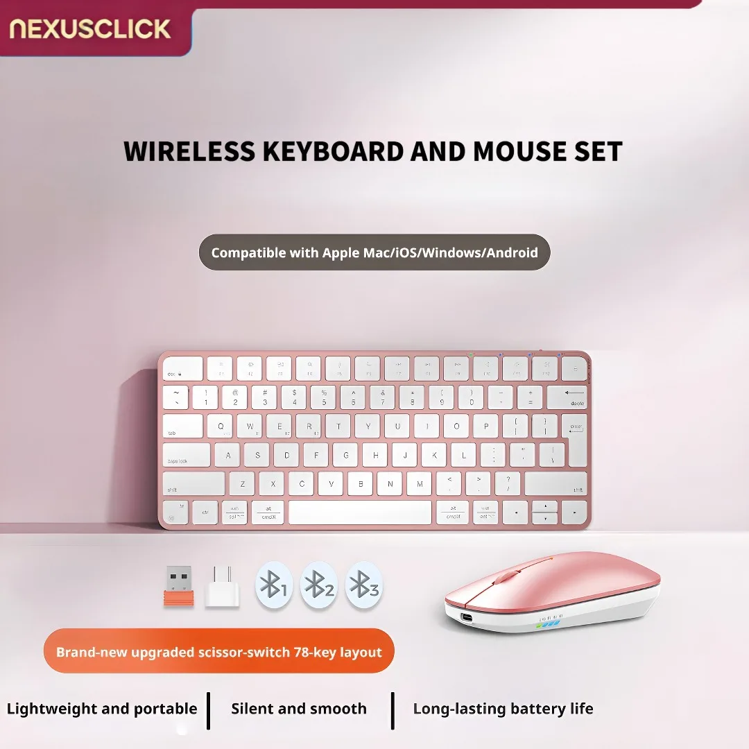 NexusClick Ultra Slim Wireless Keyboard Mouse Combo,4 Modes,Rechargeable,Quiet Low Profile,Adjustable DPI,for iOS/Windows Office