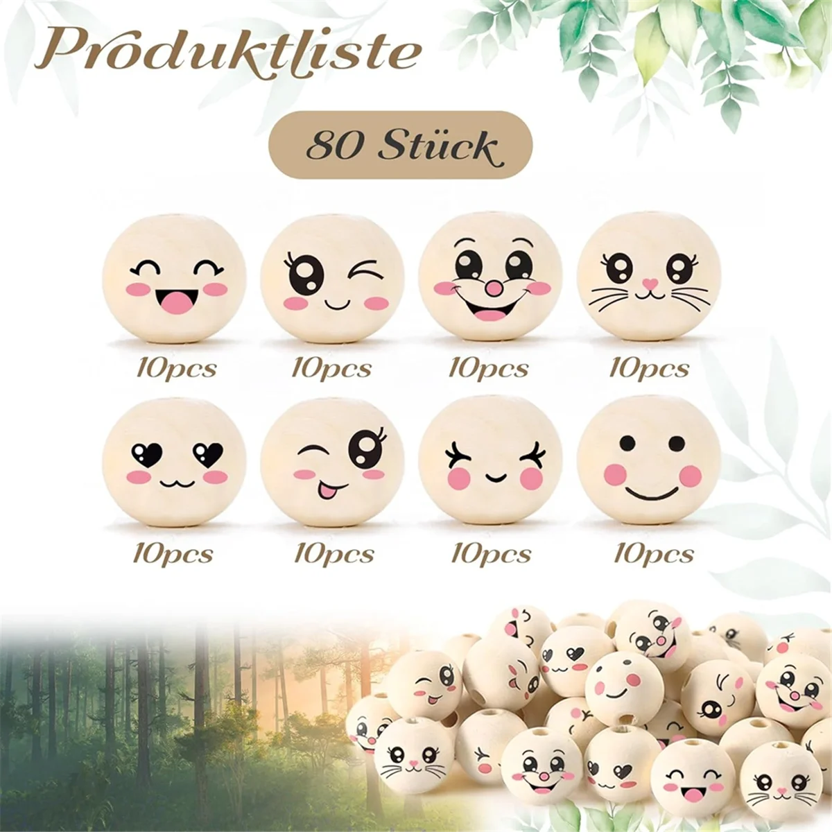 Y19A 8 Styles Wooden Beads with Face 20 mm Smile Face Wooden Bead Natural Wood Beads Round with Hole Pack of 80