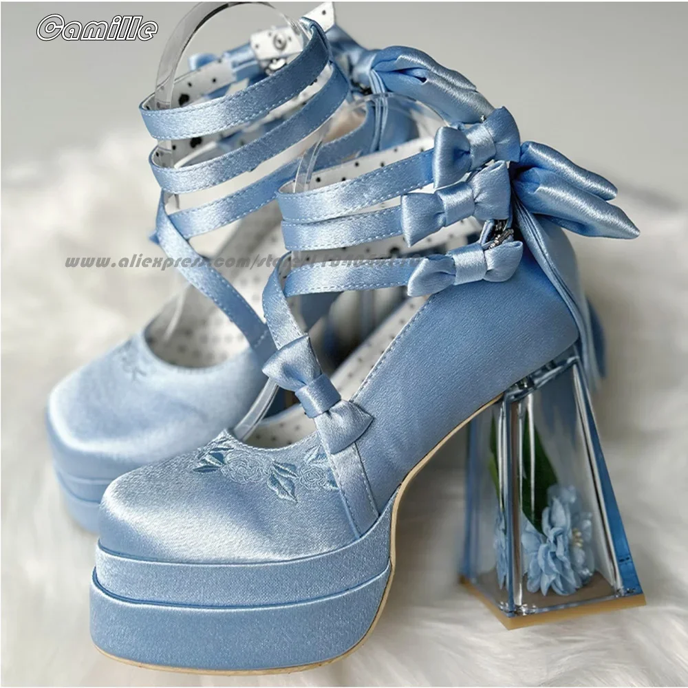 

Satin Bow Knot Cross Strap Clear Heel Platform Lolita Pumps Mary Jane Platform Lady Shoes Size 34-41 Belt Buckle Strap Pumps