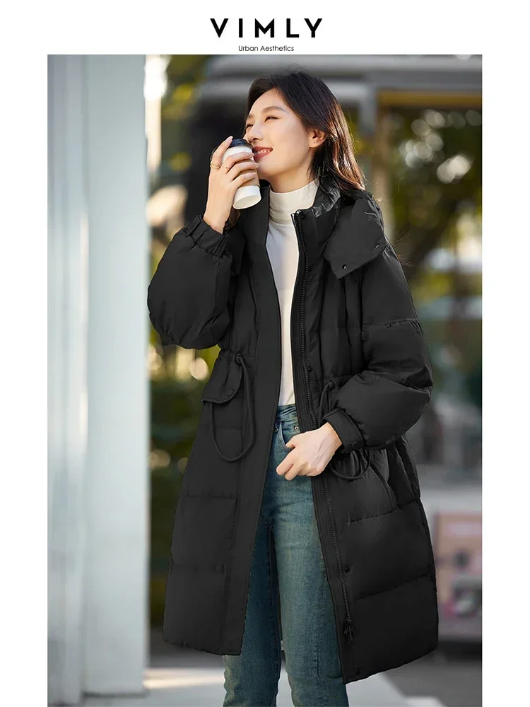 VIMLY Women\'s Commuter White Duck Down Jacket Thick Loose Outerwear Warm Lapel Hooded Overcoat Urban Casual Long Parka Coat