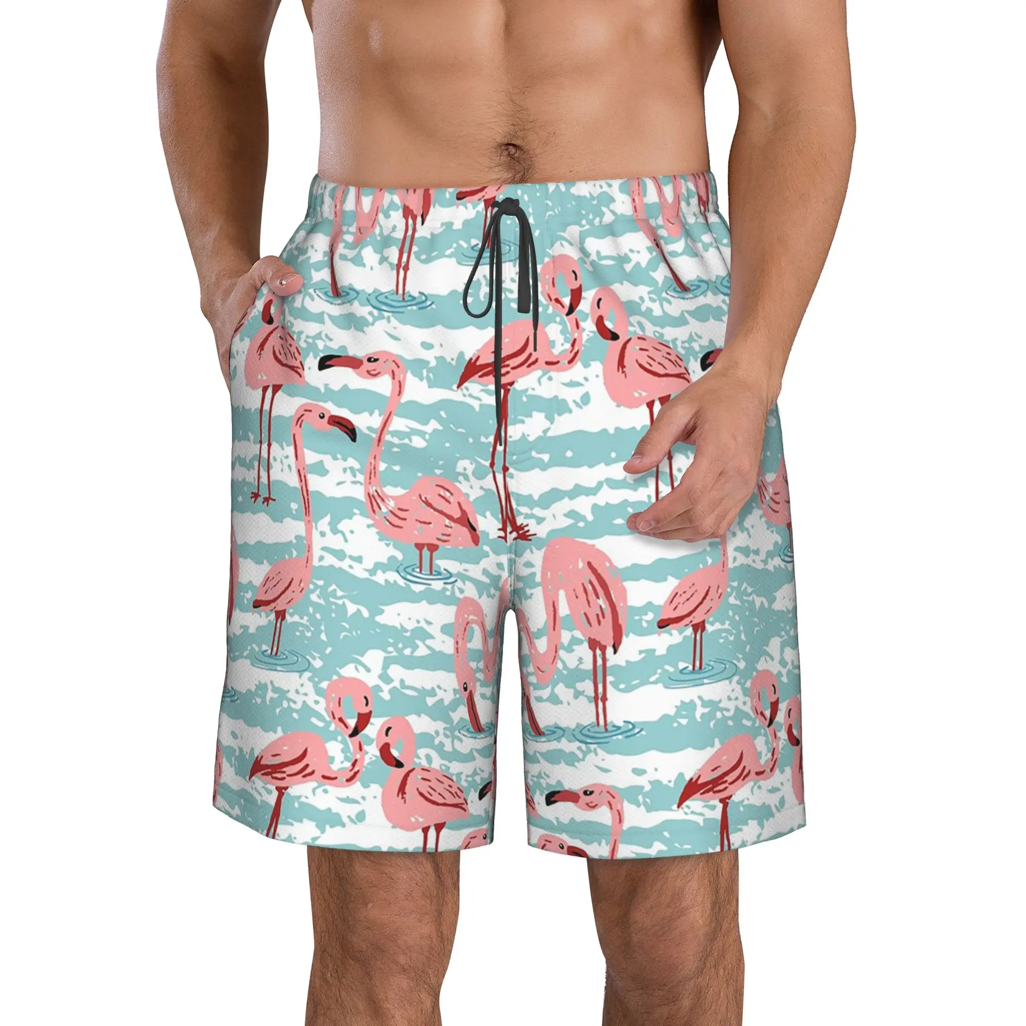 Vibrant Tropical Flamingo And Blue White Striped Trunks Beach Board Shorts Casual Quick Dry Swim Summer Men Pants