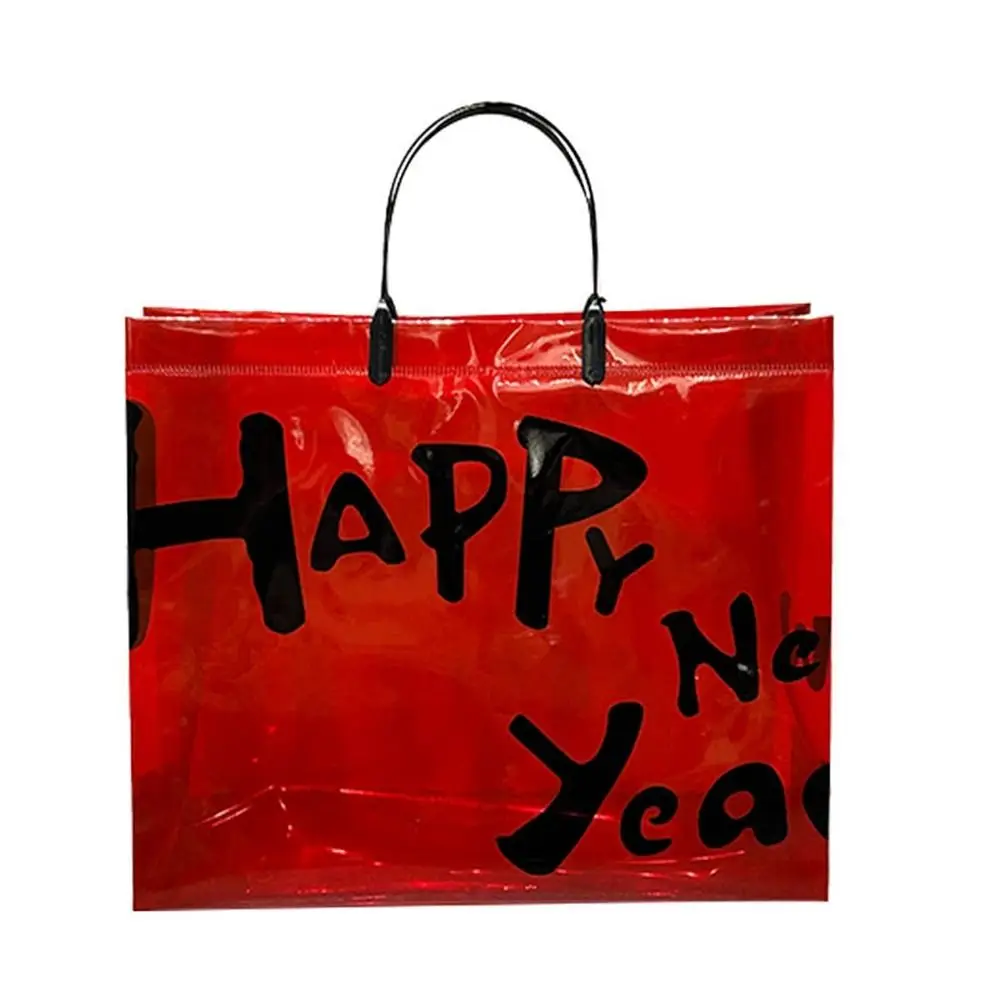 Bolsa de regalo roja transparente para hombre, bolsa de embalaje festiva de Año Nuevo, bolsa de compras transparente con letras, bolsa de compras ecológica