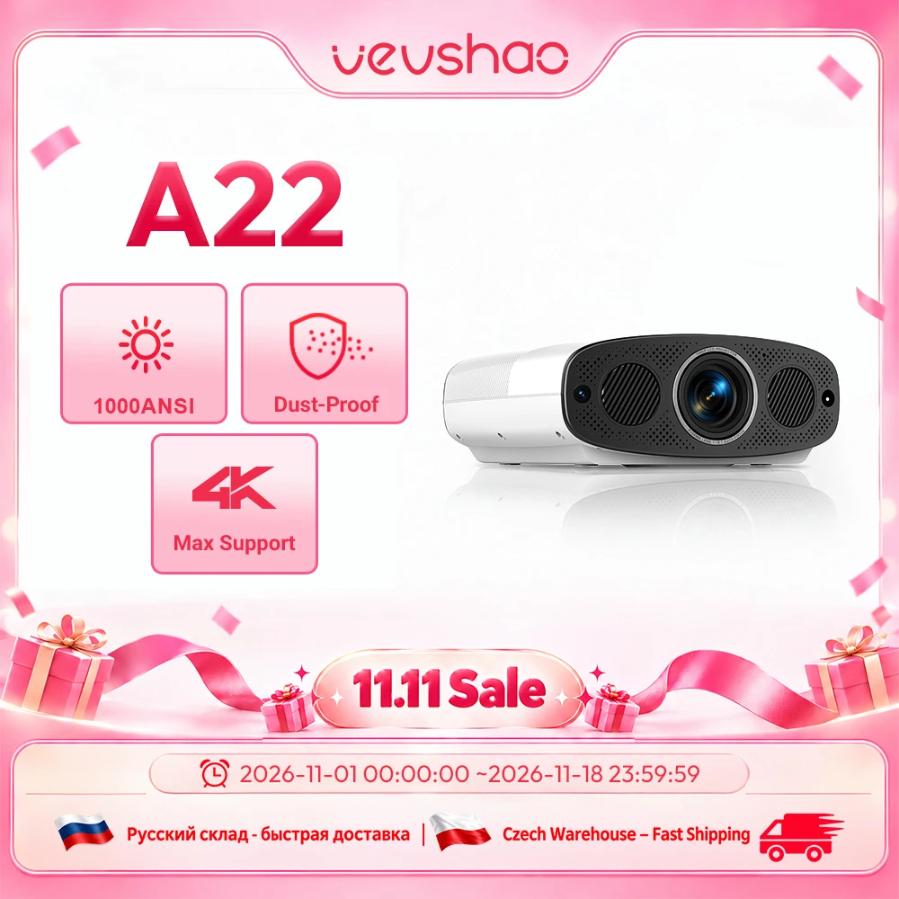 VEVSHAO A22 풀 HD 1080P 프로젝터, 4K 1000ANSI 안드로이드 와이파이 자동 초점, 사무실 회의 비디오용 홈 시어터 프로젝터, 10W * 2
