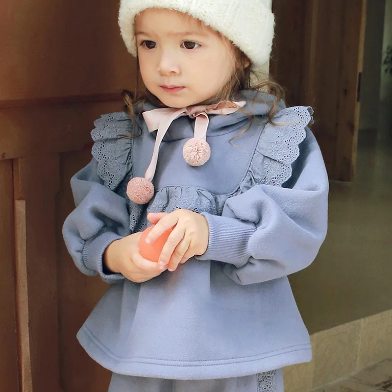 Children Clothing Set Girls 2023 Winter Korean Style Lace and Fleece Warm Casual Simple Solid Color Sweet Girls Hoodie Pants Set