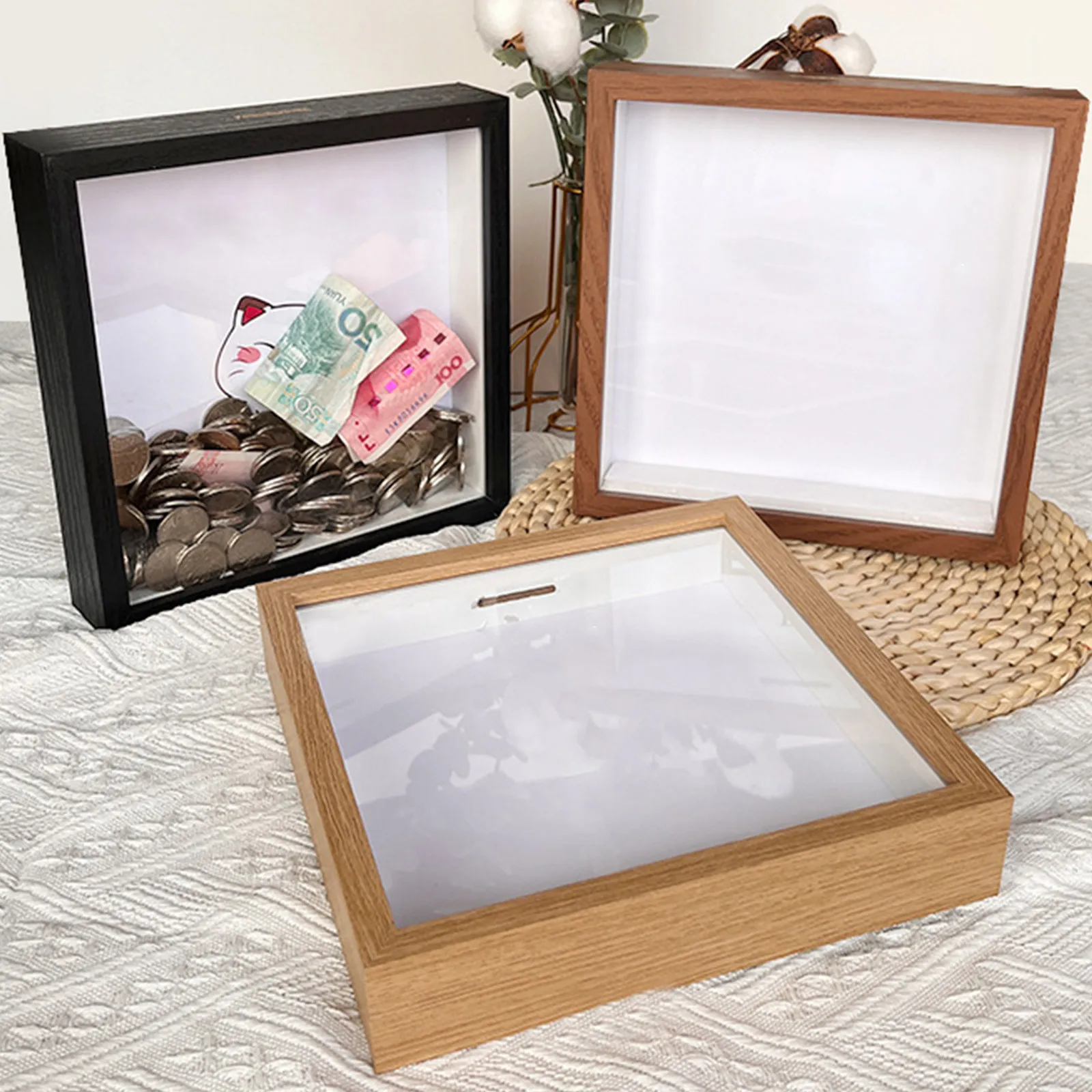 Multipurpose Deep 3d Frame for Filling Money Box Wooden Photo Frame Desktop Ornment Picture Specimens Holder Decor Gift 20x20cm