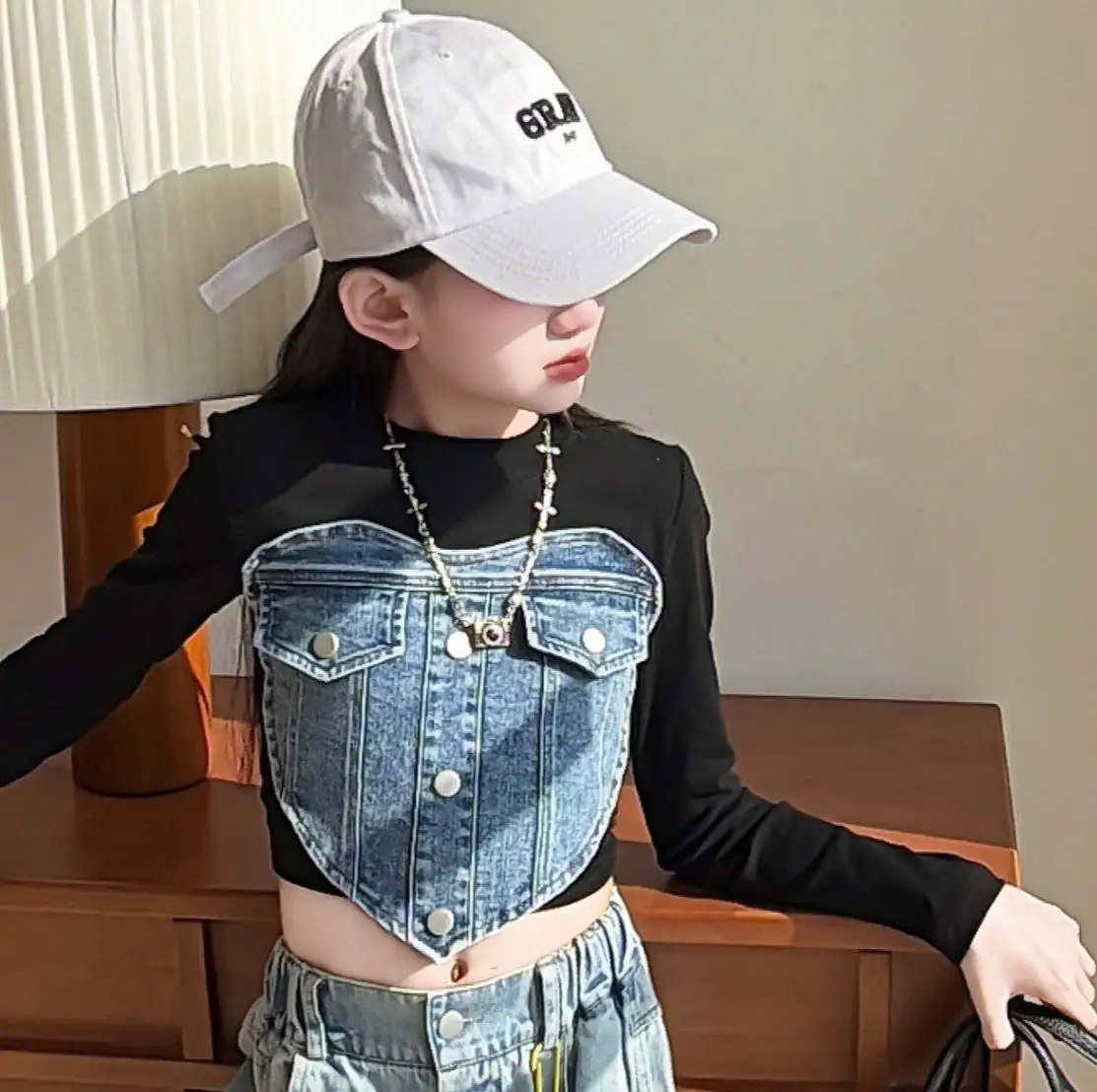 Kids Girls Heart Shape Denim Patchwork Crop Top Long Sleeve Black T-shirt Children Y2K Fashion Tees Dance Jazz Performance Tops