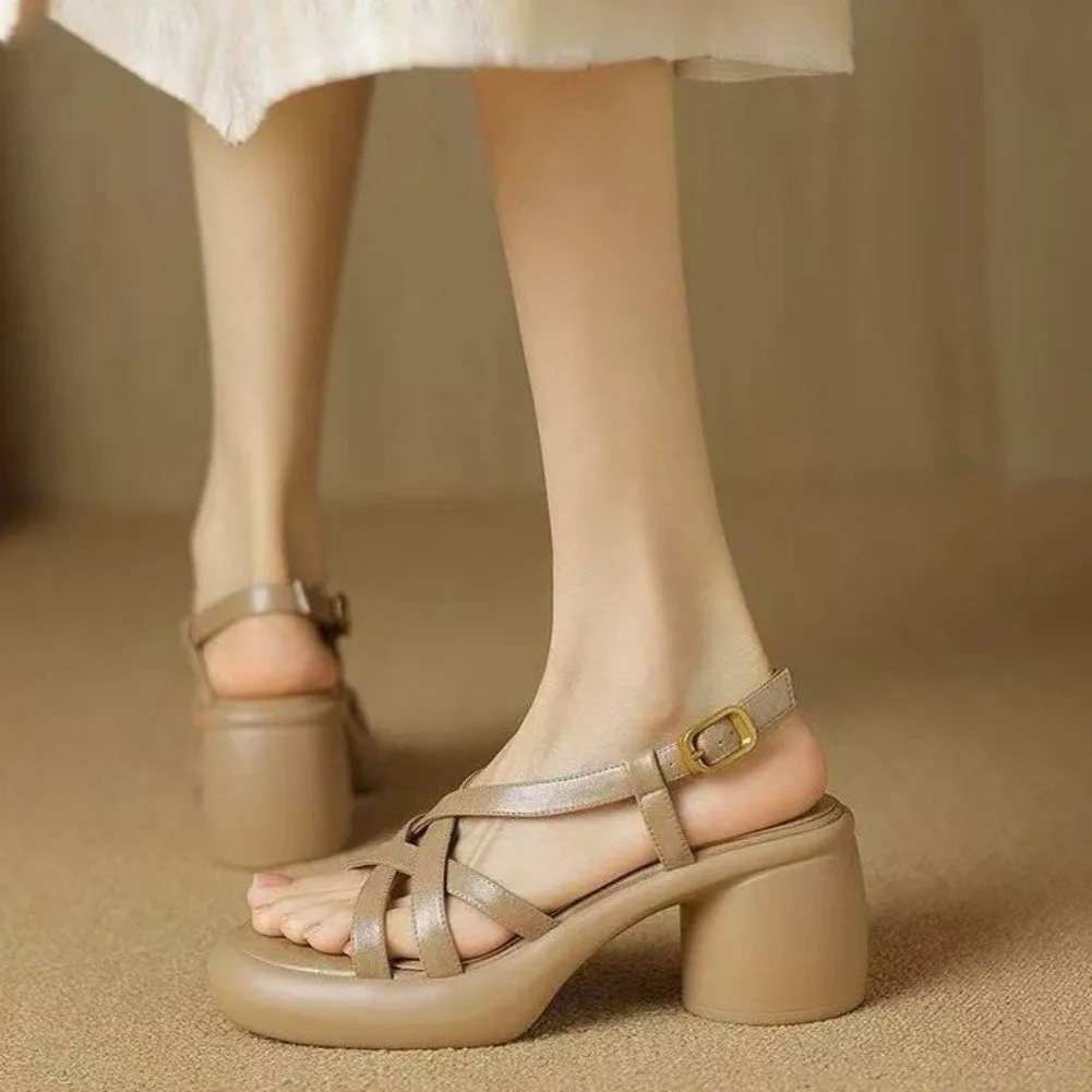 High Heels Women's Sandals 2026 Summer New Soft Sole Retro Style Sponge Cake Thick Sole Open Toe Thick Heel Sandals