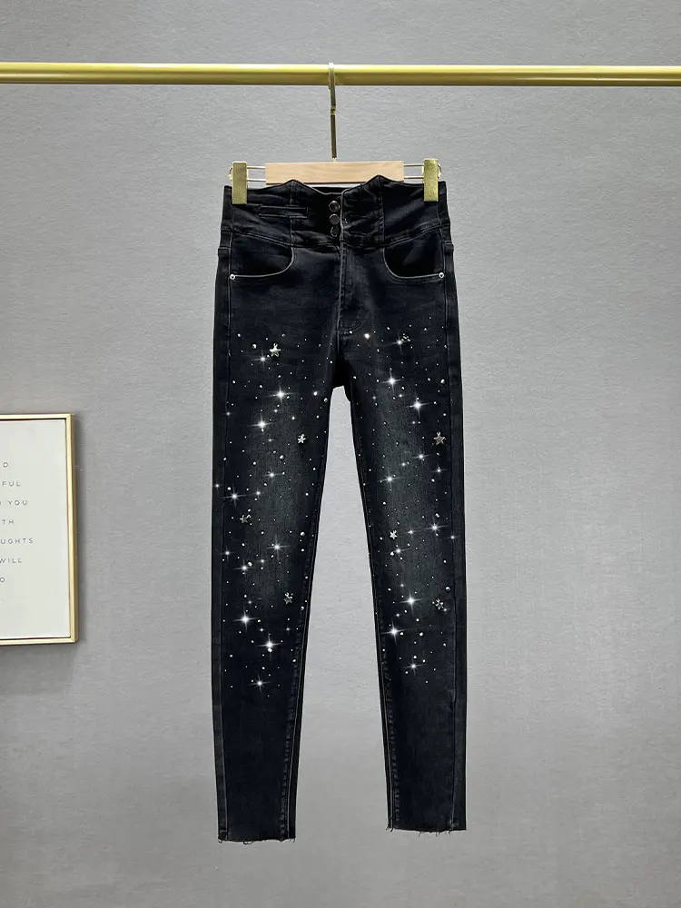 

Женские джинсовые капри с высокой талией, облегающие, осенняя новинка, эластичные джинсы-карандаш со стразами, из хлопковой стрейч-ткани