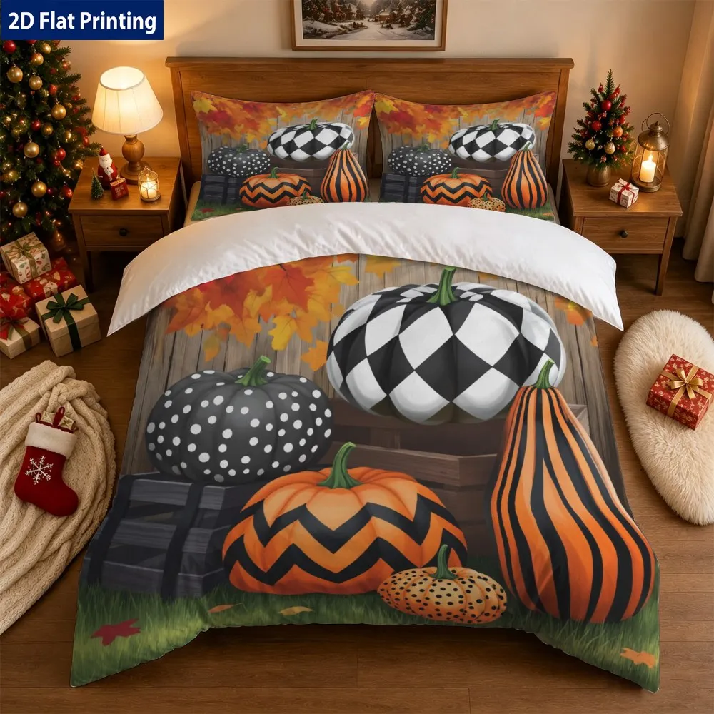 The Latest Printed Quilt Cover Set, 1 Quilt Cover + 2 Pillowcases (Without Filling) 2D Flat Orange Leaf Background Pumpkin Quilt Cover Set, Printed Cozy Autumn-Themed Bedding, Orange Maple Leaf Pumpkin Patch Pattern Bedroom Decoration (Suitable for All Seasons, Machine Washable, Invisible Zipper, Large Quilt Cover Set, Bedding Set Quilt Cover