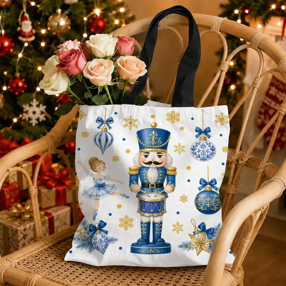 Nutcracker Christmas Snowflake Storage Bags Canvas Tote Bag Double-Sided Print Durable Shoulder Handbag for Festival Party Gift