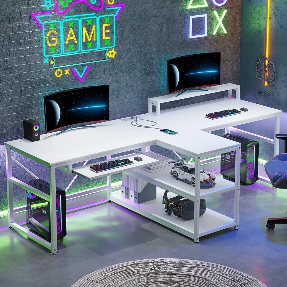 

94.5 white computer desk, double player gaming table with LED lights, keyboard tray, power board with USB