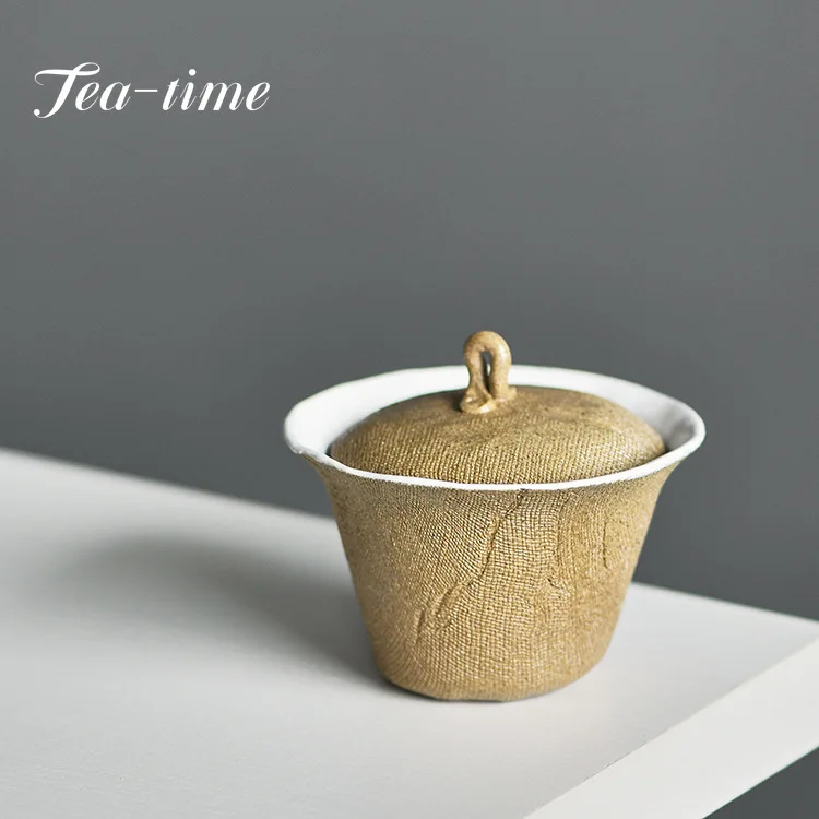 

100ml Retro Cotton Linen Ceramic Tea Tureen Creative Rough Pottery Cover Bowl Handmade Weaving Burnt Gaiwan Kungfu Tea Maker Set