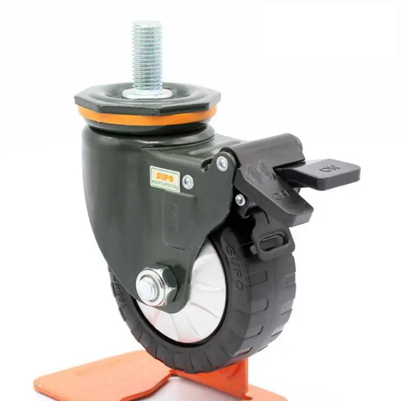 Polyurethane Swivel Caster, Threaded Stem, Dual Brake, High Load Capacity, 4 in, M16 × 35, 1 PC