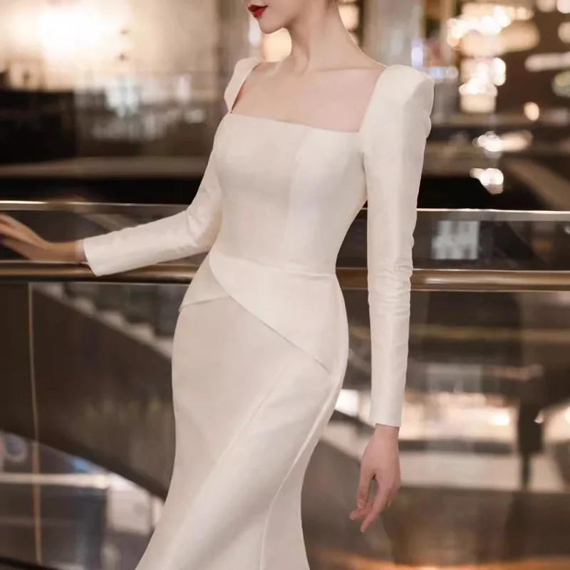 Белое свадебное платье с длинными рукавами, атласное минималистское платье для невесты, свадебного приема, вечернее платье для банкета, ежегодного собрания