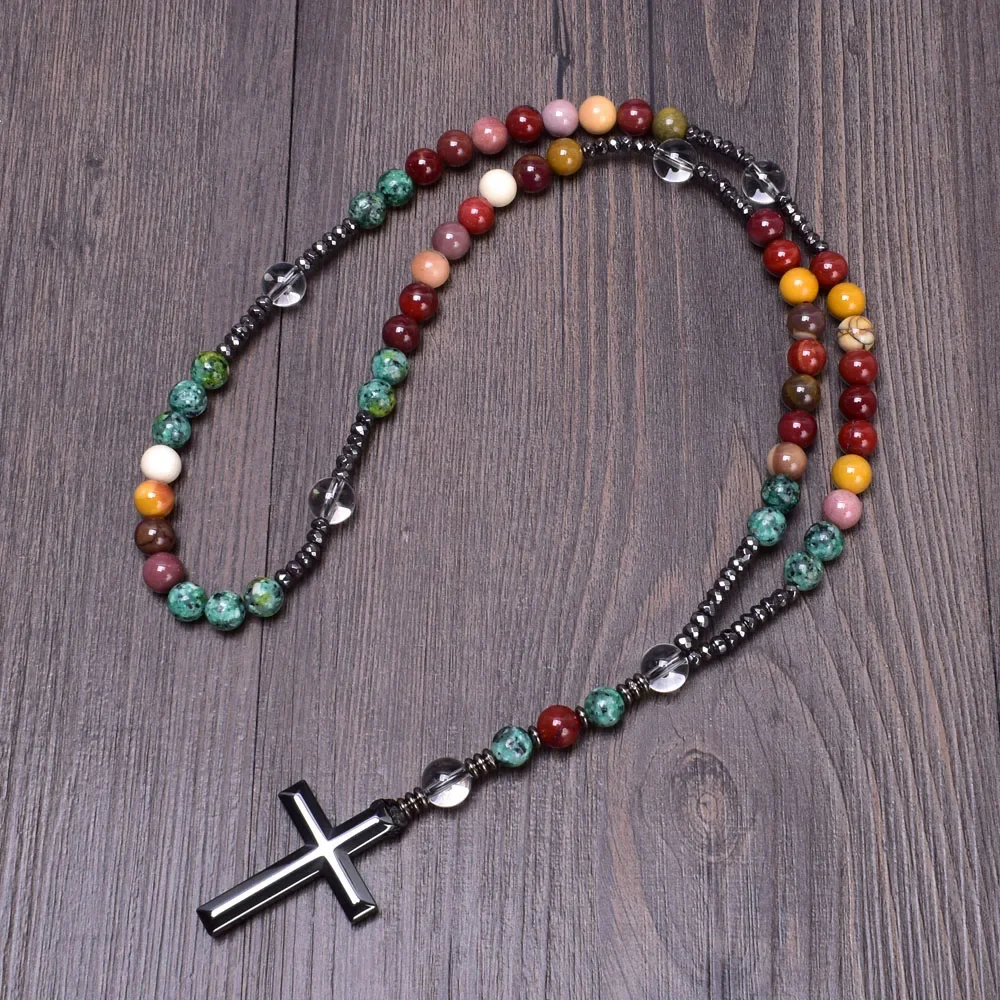 Hematite Cross Pendant Christian Religious Jewelry Natural Stone Mix Rosaries 5-decade Rosary Necklace for Man Women Gift