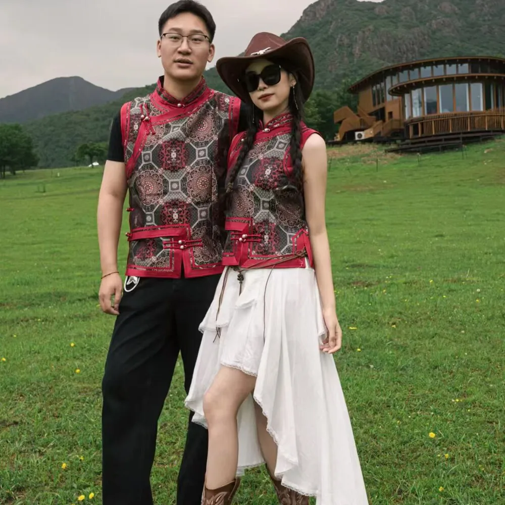 Mongolian vest, couple’s style, double-layered thick band with lining, unisex vest top, ethnic-style vest top.