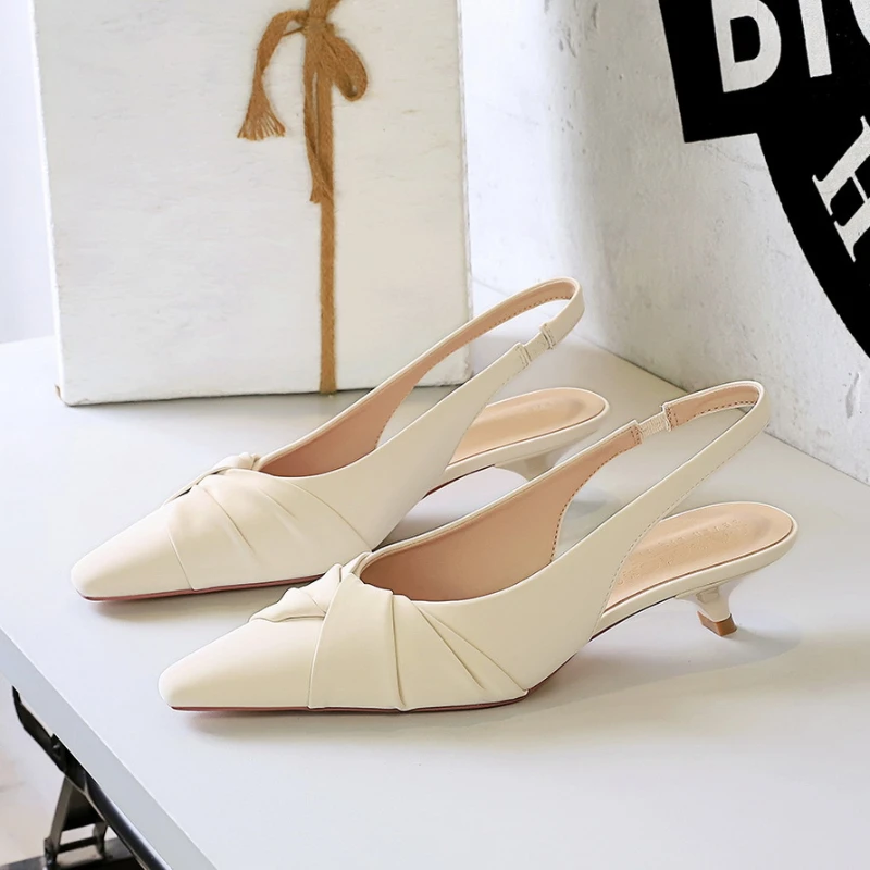 

Pointed Toe Back Tripping Single Shoes Shallow Mouth Wine Glass Heel Bow Women's Shoe Thin Heel Empty Fashionable Low Heel Shoes