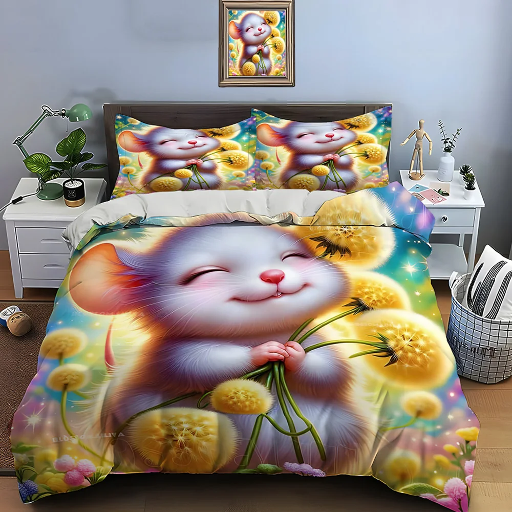 

Fluffy cartoon mouse with dandelions Bedding Set for Kids Luxury Gift 3pcs Digital Print Comforter Set Soft Comfortable