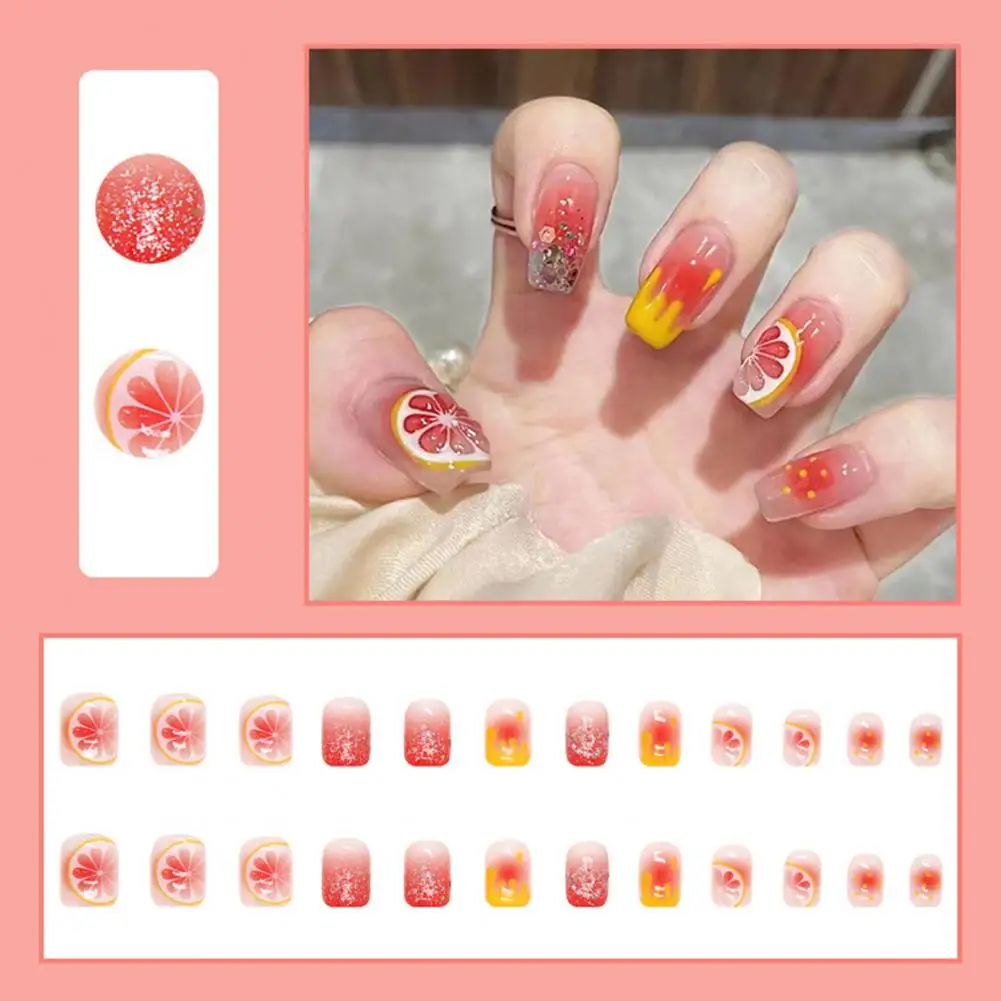 

24Pcs/Set Fake Nails Press On Nails Short Reusable Full Cover Summer Refreshing Lemon Fake Nail Накладные Ногти uñas postizas